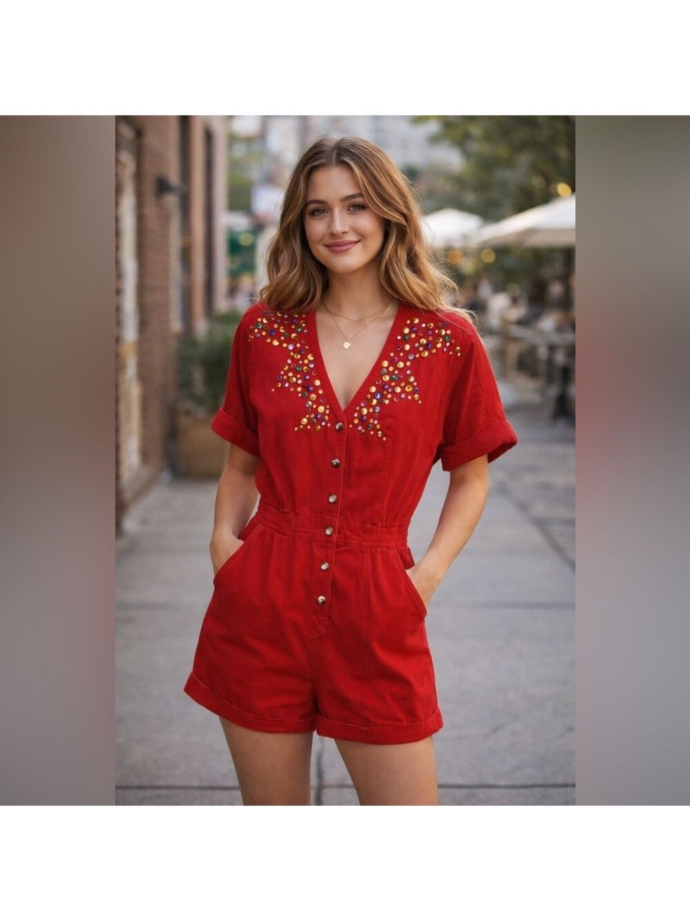 Vintage 90s Red Denim Button-Up Romper Jumpsuit Rhinestones colored Jeans